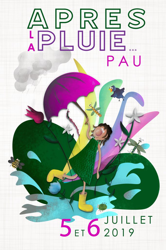 Affiche illustrée d'une petite fille avec un parapluie qui se retrouve au milieu d'une explosion de faune et de flore : travail de texture sur le personnage principal, les fleurs et les insectes.