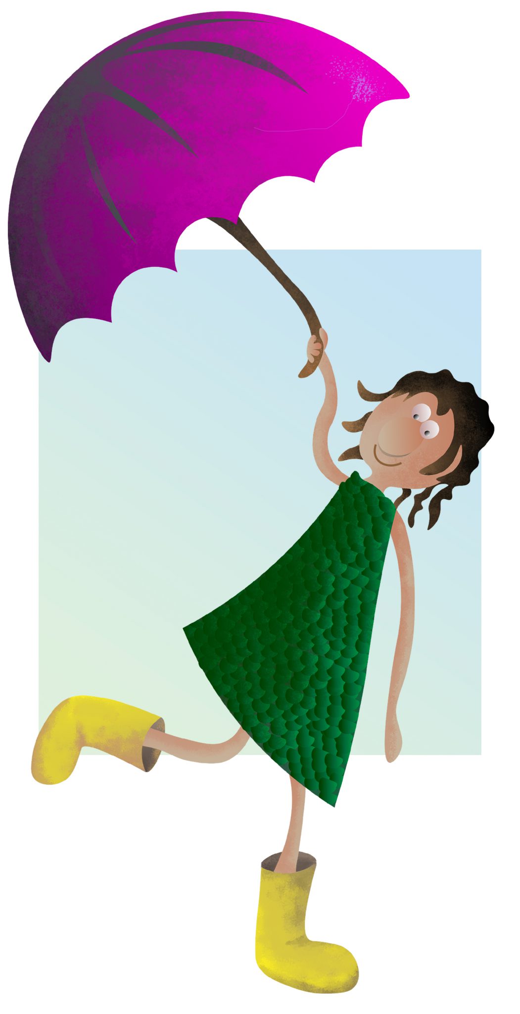 Affiche illustrée :le personnage est une jeune fille avec un parapluie et des bottes jaune